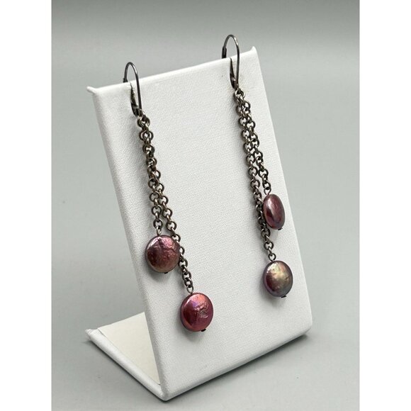 Sterling & Pearl Dangles Genuine Cultivate Lentil Pearls Purple Dyed Lever Back - Picture 3 of 6